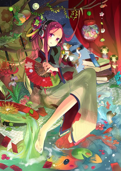 Anime picture 1158x1637 with original chibiibiru long hair tall image blush smile red eyes red hair japanese clothes hair flower legs girl hair ornament plant (plants) kimono headphones book (books) bell cat fish (fishes)