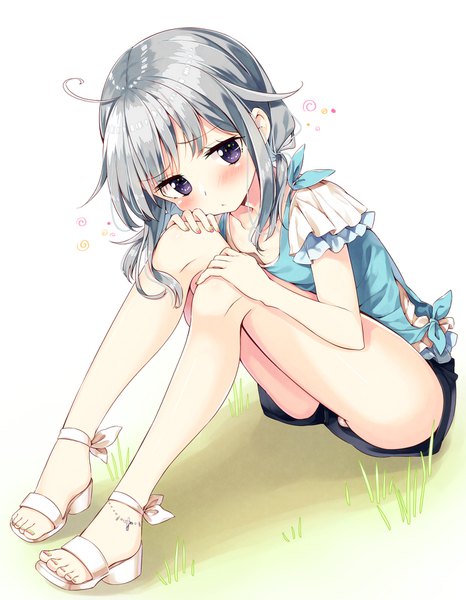 Anime picture 1408x1812 with original an-chan (sakuragi ren) sakuragi ren single long hair tall image blush light erotic purple eyes full body ahoge grey hair leaning pantyshot leaning forward pantyshot sitting hand on knee girl underwear panties