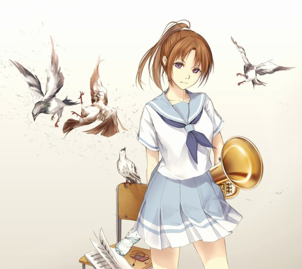 Anime picture 1459x1300 with hibike! euphonium kyoto animation nakagawa natsuki oki (koi0koi) single long hair looking at viewer brown hair purple eyes ponytail girl skirt uniform animal serafuku bird (birds) musical instrument euphonium