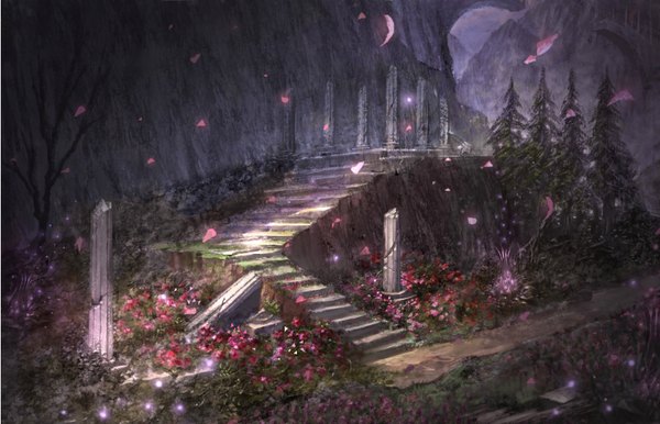 Anime picture 1716x1105 with original puyoakira highres no people landscape scenic ruins flower (flowers) plant (plants) petals tree (trees) stairs pillar column