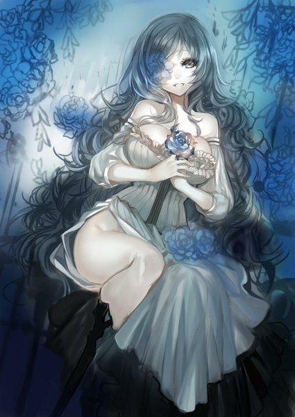 Anime picture 600x847 with original ut (apt) single long hair tall image looking at viewer breasts light erotic smile large breasts blue hair bare legs grey eyes girl dress flower (flowers)