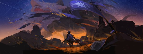 Anime picture 1500x577 with original pixiv fantasia pixiv fantasia fallen kings luyis16 wide image wind night night sky back fantasy boy building (buildings) cloak dragon flag