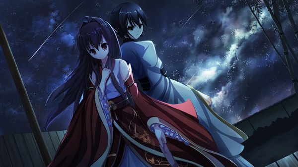 Anime picture 1920x1080 with original riburanomind long hair highres short hair black hair red eyes wide image brown eyes sky cloud (clouds) traditional clothes japanese clothes night couple girl boy plant (plants) kimono bamboo