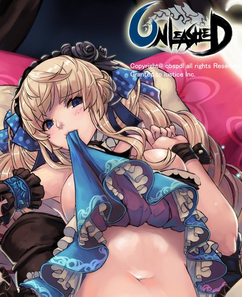 Anime picture 1377x1687 with unleashed qbspdl single long hair tall image blush breasts blue eyes light erotic blonde hair holding lying on back text mouth hold logo girl ribbon (ribbons) hair ribbon frills