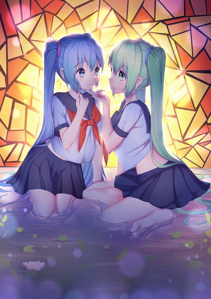 Anime picture 1000x1414 with vocaloid hatsune miku kr (sapphire) long hair tall image blush fringe blue eyes light erotic hair between eyes sitting twintails multiple girls green eyes payot blue hair full body bent knee (knees) parted lips profile