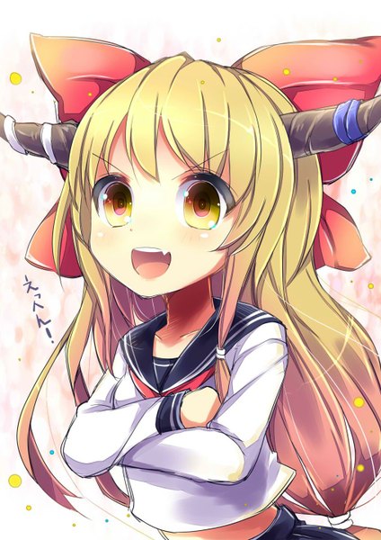 Anime picture 1018x1440 with touhou ibuki suika uta (kuroneko) single long hair tall image blush open mouth blonde hair yellow eyes looking away horn (horns) teeth fang (fangs) alternate costume crossed arms girl uniform bow hair bow