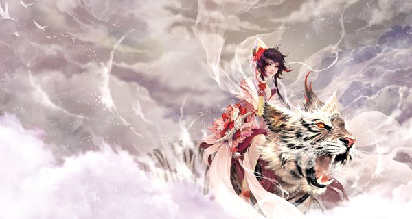 Anime picture 1600x854 with original sansaxix (artist) single short hair red eyes wide image bare shoulders looking away purple hair traditional clothes teeth fang (fangs) girl weapon detached sleeves animal bird (birds) bell dagger tiger