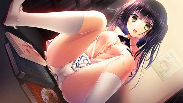 Anime picture 1280x720 with himawari to koi no kioku hebita shiori kazuharu kina single long hair looking at viewer fringe open mouth light erotic black hair wide image sitting twintails game cg black eyes spread legs cameltoe girl skirt uniform