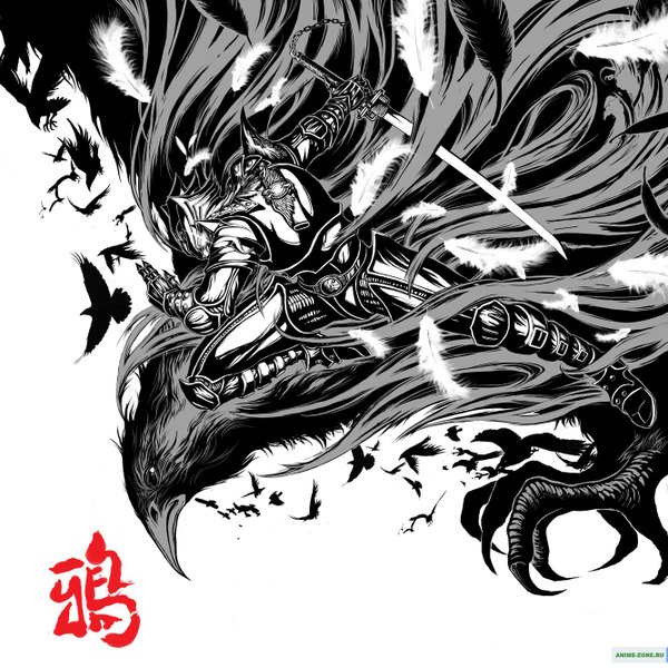 Anime picture 1333x1333 with karas otoha (karas) white background sword armor katana feather (feathers) claws crow