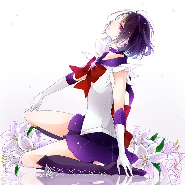 Anime picture 1000x1000 with bishoujo senshi sailor moon toei animation tomoe hotaru sailor saturn hanasato (okashino) single short hair simple background sitting purple eyes looking away purple hair full body profile grey background reflection lacing girl gloves flower (flowers)