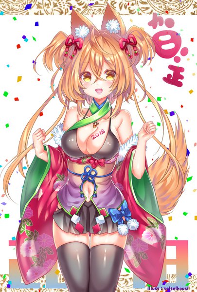 Anime picture 945x1399 with original asakishoten single tall image looking at viewer blush fringe short hair breasts open mouth light erotic blonde hair hair between eyes large breasts signed animal ears yellow eyes cleavage tail traditional clothes
