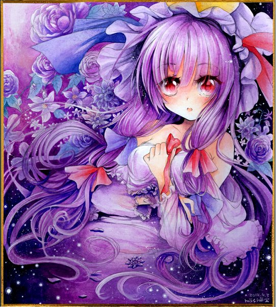 Anime picture 901x1000 with touhou patchouli knowledge mosho single long hair tall image looking at viewer blush open mouth red eyes bare shoulders signed purple hair border girl dress flower (flowers) bow hair bow bonnet