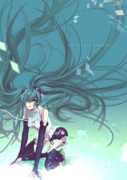 Anime picture 1219x1725 with vocaloid vocaloid append hatsune miku hatsune miku (append) imaginaly blank (artist) single tall image looking at viewer breasts twintails bare shoulders cleavage very long hair aqua eyes wind aqua hair inscription tattoo tears kneeling