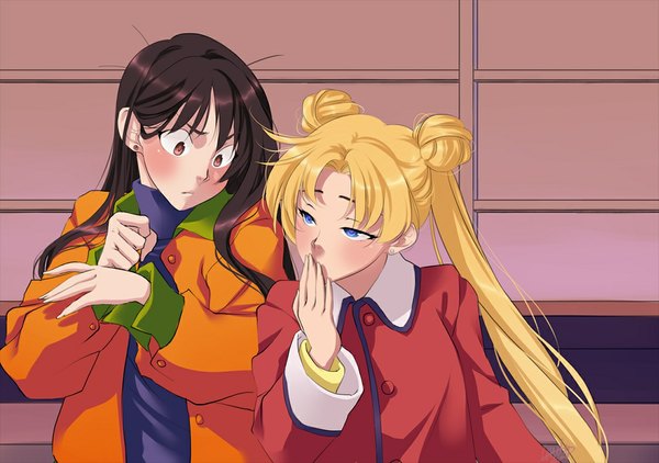 Anime picture 1126x793 with bishoujo senshi sailor moon toei animation tsukino usagi hino rei eflunn (emilylunn) long hair blush blue eyes black hair blonde hair twintails multiple girls brown eyes open clothes open jacket hair bun (hair buns) finger to mouth girl 2 girls jacket