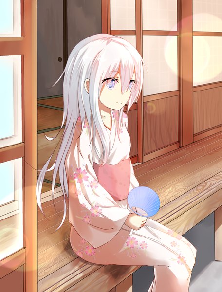 Anime picture 760x1000 with kantai collection hibiki destroyer hamaru (s5625t) single long hair tall image fringe blue eyes hair between eyes sitting holding looking away white hair traditional clothes japanese clothes light smile lens flare girl obi fan