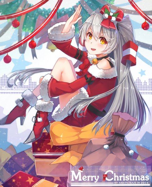 Anime picture 1029x1260 with kantai collection amatsukaze destroyer mhong single long hair tall image looking at viewer blush open mouth yellow eyes silver hair two side up fur trim christmas merry christmas girl bow hair bow boots fur