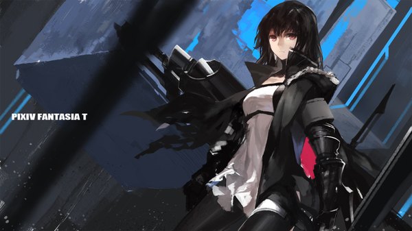 Anime picture 1512x850 with original pixiv fantasia pixiv fantasia t swd3e2 single long hair looking at viewer black hair red eyes wide image open clothes open jacket girl dress gloves pantyhose black gloves elbow gloves jacket white dress