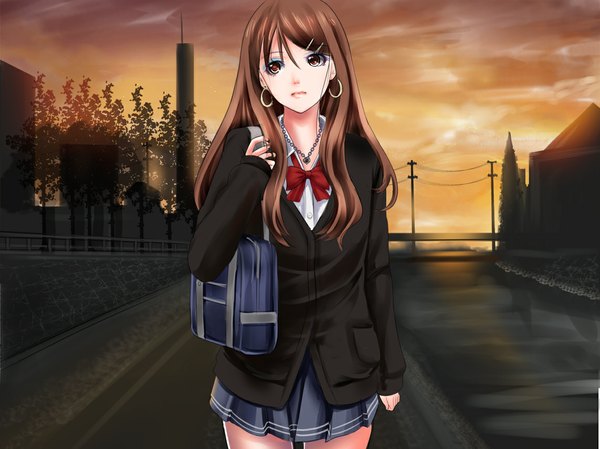 Anime picture 1143x857 with original ponytail korosuke single long hair looking at viewer brown hair brown eyes sky cloud (clouds) river girl skirt uniform school uniform earrings bowtie sweater