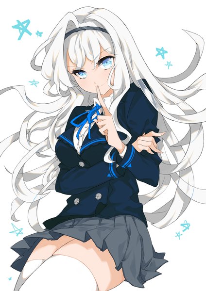 Anime picture 600x848 with original gj single long hair tall image looking at viewer fringe blue eyes simple background white background white hair finger to mouth girl thighhighs uniform school uniform white thighhighs star (symbol) headband