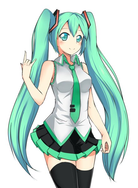 Anime picture 2755x3748 with vocaloid hatsune miku rinine single long hair tall image blush fringe highres simple background smile white background twintails green eyes pleated skirt green hair sleeveless girl thighhighs skirt