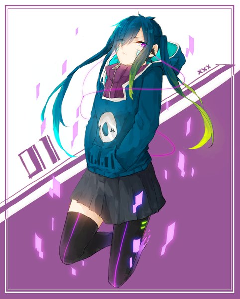 Anime picture 852x1060 with kagerou project shaft (studio) kido tsubomi kokeshi ya single long hair tall image fringe simple background twintails purple eyes looking away bent knee (knees) multicolored hair hair over one eye zettai ryouiki hands in pockets girl boy jacket