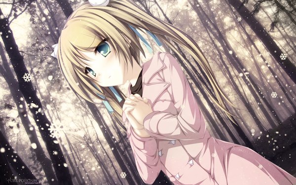 Anime picture 1920x1200 with maikaze no melt hisagihara ui pure-poison89 single long hair blush highres blonde hair wide image twintails game cg aqua eyes snowing winter girl ribbon (ribbons) plant (plants) hair ribbon tree (trees) snowflake (snowflakes)