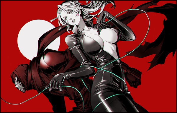 Anime picture 1100x708 with ninja slayer nancy lee fujikido kenji komiya kuniharu long hair open mouth light erotic simple background standing profile grey hair grey eyes lipstick red background anaglyph latex girl boy ribbon (ribbons) scarf