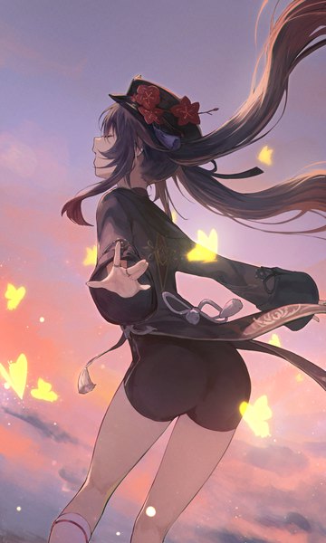 Anime picture 3000x5000 with genshin impact hu tao (genshin impact) shirataki jiro single long hair tall image highres open mouth brown hair twintails eyes closed from behind spread arms girl hat shorts insect butterfly