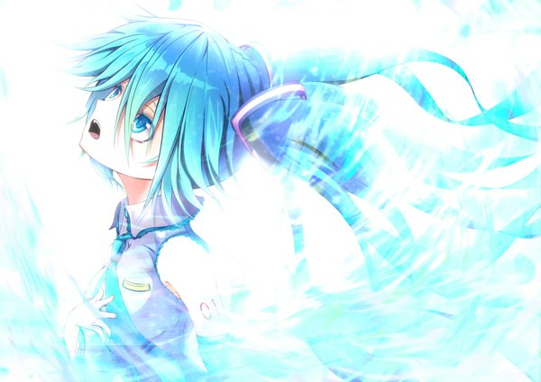 Anime picture 1593x1127 with vocaloid hatsune miku single open mouth twintails bare shoulders very long hair aqua eyes aqua hair girl