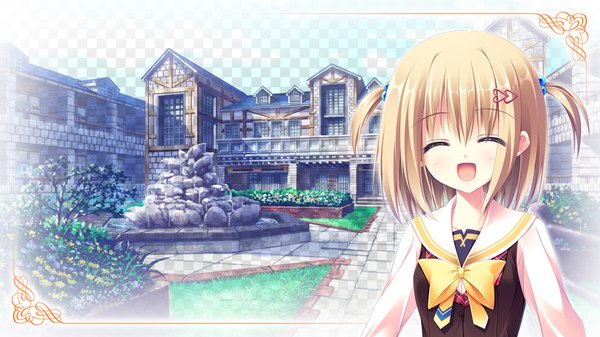 Anime picture 1024x576 with sugirly wish shirosaki hina single short hair open mouth blonde hair wide image game cg eyes closed loli girl hair ornament heart hair ornament