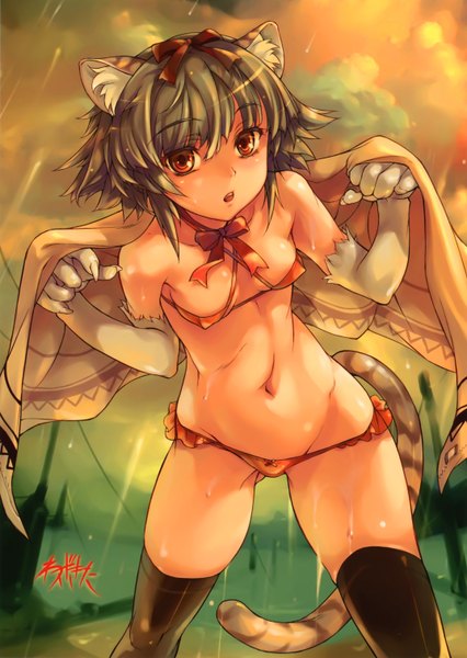 Anime picture 4296x6047 with original wazakita single tall image highres short hair breasts open mouth light erotic red eyes animal ears absurdres silver hair animal tail cat ears cat girl cat tail rain girl thighhighs