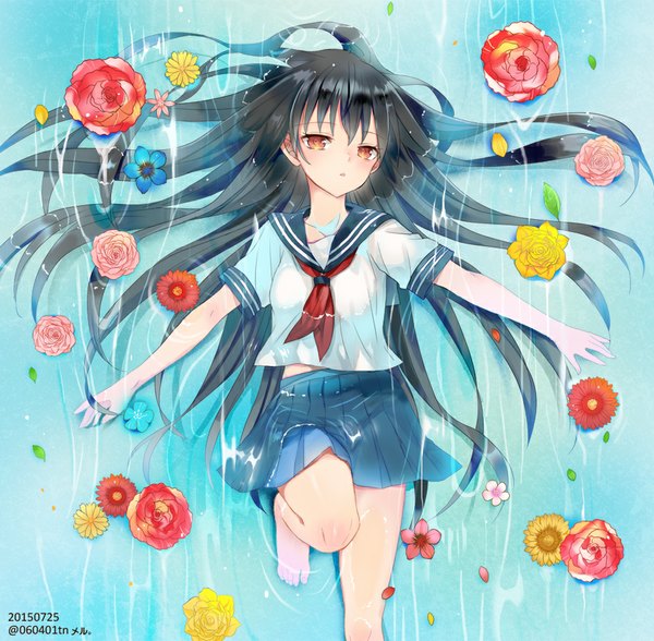 Anime picture 917x900 with original merueto single long hair looking at viewer blush fringe black hair red eyes bent knee (knees) lying pleated skirt barefoot bare legs wet no shoes wet clothes girl skirt uniform
