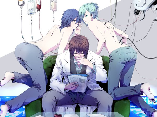 Anime picture 1332x999 with uta no prince-sama a-1 pictures mikaze ai kisaragi aine meromizawa (artist) long hair short hair blue eyes light erotic brown hair sitting blue hair bent knee (knees) looking back barefoot aqua eyes aqua hair multiple boys bare back smoking