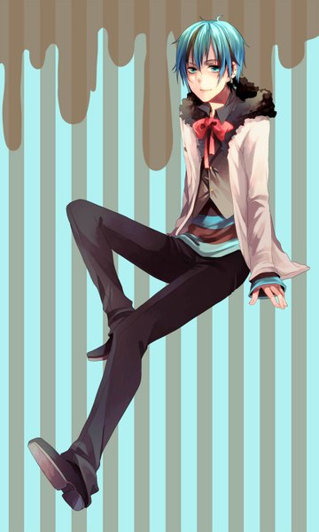 Anime picture 1000x1666 with original tsukudato single tall image looking at viewer short hair sitting multicolored hair aqua eyes light smile aqua hair open clothes open jacket streaked hair striped striped background boy bow earrings shirt