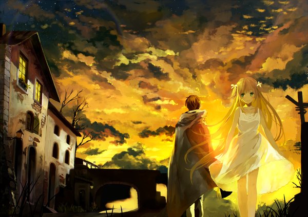 Anime picture 1300x919 with original bou shaku blush short hair blonde hair brown hair green eyes sky cloud (clouds) very long hair light smile sleeveless back to back bare tree girl dress boy plant (plants) tree (trees) white dress