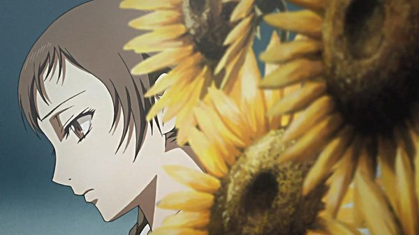 Anime picture 1280x720 with mouryou no hako yoriko kusumoto brown hair wide image brown eyes sad screenshot girl flower (flowers) sunflower