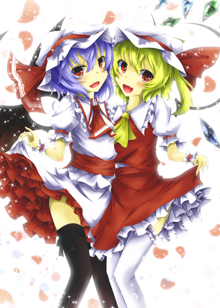 Anime picture 1072x1500 with touhou flandre scarlet remilia scarlet hatsuka (exsilver) tall image blush short hair open mouth blonde hair red eyes multiple girls blue hair girl thighhighs dress skirt black thighhighs 2 girls petals white thighhighs