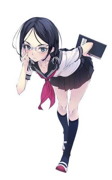 Anime picture 1000x1600 with original murakami suigun single tall image looking at viewer black hair simple background white background twintails pleated skirt leaning leaning forward hand on hip low twintails short twintails revision girl skirt uniform socks