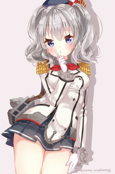 Anime picture 975x1470 with kantai collection kashima training cruiser jimmy madomagi single long hair tall image looking at viewer blush fringe simple background purple eyes twintails signed silver hair parted lips grey background shadow finger to mouth girl gloves