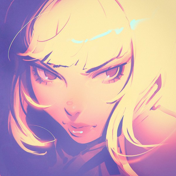 Anime picture 1080x1080 with original ilya kuvshinov single fringe short hair blonde hair purple eyes payot looking away upper body blunt bangs lips shadow close-up girl