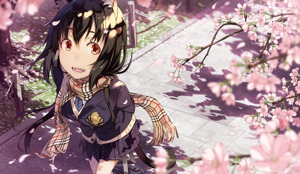 Anime picture 940x546 with original kimura (ykimu) single short hair open mouth black hair red eyes wide image animal ears tail animal tail cat ears cat girl cat tail cherry blossoms girl skirt uniform plant (plants) school uniform