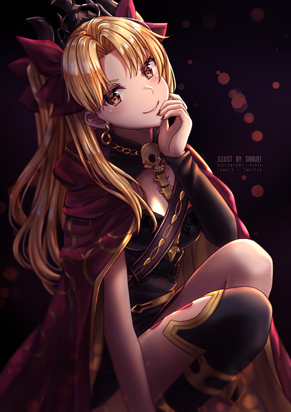 Anime picture 800x1131 with fate (series) fate/grand order ereshkigal (fate) saruei single long hair tall image blush fringe breasts blonde hair smile brown eyes signed cleavage nail polish fingernails two side up dark background squat