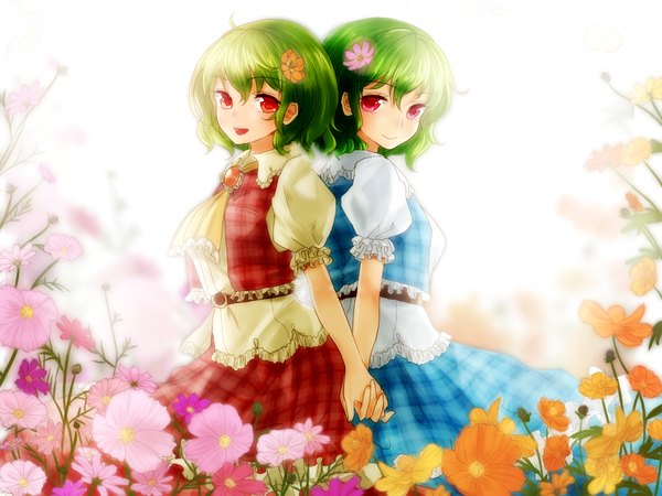 Anime picture 1200x900 with touhou kazami yuuka shironeko yuuki looking at viewer blush short hair open mouth smile red eyes multiple girls hair flower green hair puffy sleeves holding hands dual persona girl skirt hair ornament flower (flowers) 2 girls