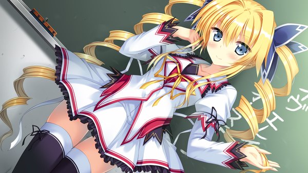 Anime picture 1280x720 with koiken otome eve elaine austin single long hair blush blue eyes blonde hair wide image twintails game cg drill hair girl thighhighs dress uniform bow black thighhighs hair bow school uniform