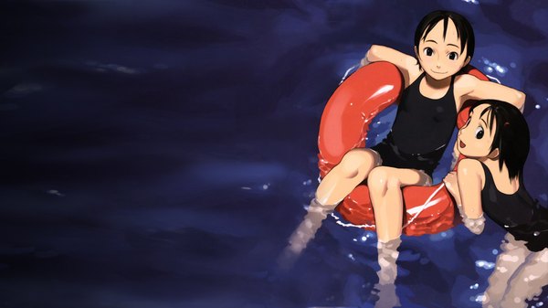 Anime picture 1920x1080 with comic lo takamichi highres short hair light erotic black hair wide image multiple girls black eyes armpit (armpits) wallpaper jpeg artifacts afloat girl 2 girls swimsuit water one-piece swimsuit school swimsuit swim ring