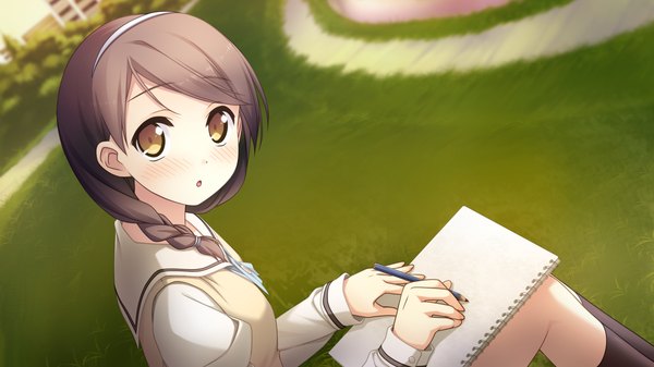 Anime picture 1920x1080 with your diary hirosaki kanade kantoku blush highres short hair black hair wide image yellow eyes game cg girl serafuku