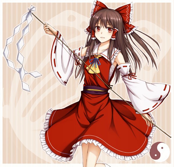 Anime picture 1185x1141 with touhou hakurei reimu take5321 single long hair looking at viewer red eyes brown hair girl dress bow hair bow detached sleeves gohei