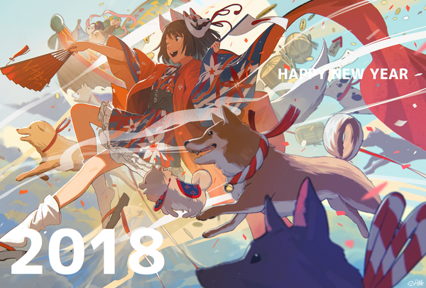Anime picture 2000x1351 with original tsukun112 single highres short hair open mouth red eyes brown hair signed traditional clothes japanese clothes twitter username new year happy new year 2018 girl animal socks mask fan