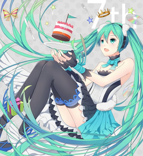 Anime picture 1000x1091 with 7th dragon vocaloid hatsune miku foxbird single tall image open mouth twintails bare shoulders very long hair aqua eyes aqua hair girl thighhighs dress black thighhighs sweets headphones cake cd