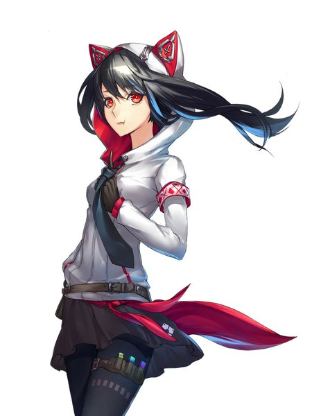 Anime picture 750x1000 with original yucca-612 (neco) single long hair tall image black hair simple background red eyes white background :t girl skirt necktie hood